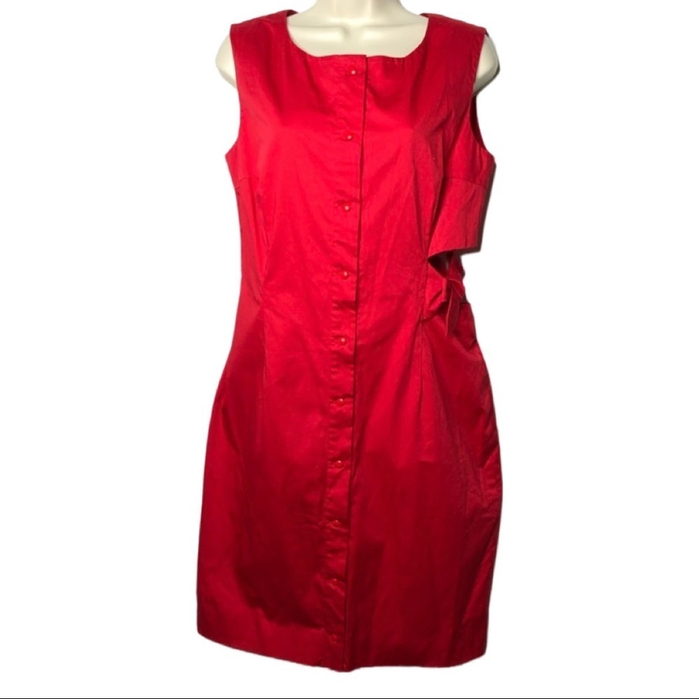 Misha Nonoo Red sleeveless Button down shirt dress side bow cutout size 8
